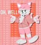 2023 4_fingers anthro big_feet bottomless clothed clothing collar domestic_cat drop_shadow english_text eyebrow_through_hair eyebrows feet felid feline felis fingers fur green_eyes hair knee_tuft leg_tuft lineless male mammal markings optical_96 pawpads pink_background pink_body pink_fur pink_hair pink_pawpads prick_ears ring_(marking) sega shadow simple_background smile smirk solo sonic_the_hedgehog_(series) style_parody tail tail_markings tail_tuft text text_background translucent translucent_hair tuft white_body white_fur white_inner_ear zipper