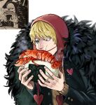  1boy black_coat black_jacket blonde_hair brown_eyes coat donquixote_rocinante eating feather_coat food heart highres holding holding_food hood hood_up jacket lobster looking_at_food makeup male_focus one_piece onigiri reference_inset school_uniform short_hair spicemachine02 sweater upper_body white_background yellow_sweater 