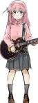  1girl black_socks blue_eyes blush bocchi_the_rock! brown_footwear cube_hair_ornament electric_guitar gotoh_hitori grey_skirt guitar hair_ornament hanamaruyama628 highres holding holding_guitar holding_instrument instrument jacket loafers long_hair looking_at_viewer pink_hair pink_jacket pleated_skirt shoes skirt socks solo standing track_jacket 