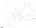 absurd_res anthro barefoot bottomwear cheek_tuft claws clothed clothing electronics facial_tuft feet hair hi_res holding_object holding_phone male monochrome mouth_closed navel nipples pache_riggs pawpads phone reclining short_hair shorts signature sketch solo toe_claws topless tuft
