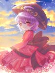  1girl ahoge black_hat bowl bowl_hat closed_eyes closed_mouth cloud commentary_request frilled_kimono frills hat japanese_clothes jarotan_kolkol kimono light_particles long_sleeves outdoors purple_hair red_kimono sash short_hair smile solo sukuna_shinmyoumaru touhou wide_sleeves 