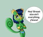  2019 angry anthro blue_hair breasts clothed clothing dialogue digital_media_(artwork) english_text fan_character female green_scales hair kecleon kendratheshinyeevee looking_at_viewer navel nintendo nipples open_mouth panties pok&eacute;mon pok&eacute;mon_(species) pok&eacute;morph scales simple_background small_breasts solo speech_bubble standing text topless underwear video_games 