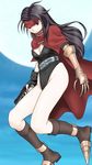  armor belt black_hair boots breasts brown_eyes cape clawed_gauntlets cleavage final_fantasy final_fantasy_vii fingerless_gloves full_moon genderswap genderswap_(mtf) gloves gun headband long_hair medium_breasts moon okurapuchi red_eyes solo turks vincent_valentine weapon 