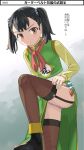  1girl black_hair blush china_dress chinese_clothes dragon_quest dragon_quest_iii dress fighter_(dq3) fishnet_thighhighs fishnets hair_bobbles hair_ornament imaichi looking_at_viewer short_hair short_twintails solo thighhighs twintails yellow_eyes 