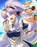  1girl ;d apron blue_dress blue_sky cake cloud detached_sleeves dress eyelashes fire_emblem fire_emblem:_genealogy_of_the_holy_war fire_emblem_heroes food holding_tiered_tray long_hair lower_teeth_only official_alternate_costume one_eye_closed open_mouth pochi_(furaigonn) ponytail puffy_short_sleeves puffy_sleeves purple_eyes purple_hair short_sleeves sidelocks sky smile solo tailtiu_(fire_emblem) tailtiu_(tea_party)_(fire_emblem) teeth tiered_tray twitter_username upper_body very_long_hair white_apron white_headdress 