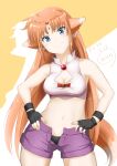  1girl animal_ears arf ban_(777purin) black_gloves black_panties blue_eyes blush breasts brown_hair cleavage closed_mouth dated fang fingerless_gloves gloves highres long_hair looking_at_viewer lyrical_nanoha medium_breasts midriff navel open_clothes open_shorts panties purple_shorts shorts signature simple_background smile solo tail underwear wolf_ears wolf_girl wolf_tail 
