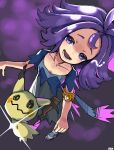  1girl :d acerola_(pokemon) armlet blue_dress collarbone commentary_request dress eyelashes highres lower_teeth_only mimikyu open_mouth ora_(oraora_oekaki) pokemon pokemon_(creature) pokemon_sm purple_eyes purple_hair sandals short_sleeves smile teeth toes topknot torn_clothes torn_dress 