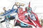  1980s_(style) 1girl 2015 absurdres canopy_(aircraft) choujikuu_yousai_macross couple crossover dated folded glasses greg_lane hangar helmet highres ink_(medium) jolly_roger kikou_souseiki_mospeada legioss macross marker_(medium) maximilian_jenius mecha millia_jenius mospeada multiple_boys pilot_suit retro_artstyle robot robotech robotech_ii:_the_sentinels scan short_hair signature sketch spacesuit traditional_media unworn_headwear unworn_helmet window 