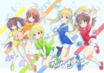  5girls air_(visual_novel) antenna_hair blonde_hair blue_eyes brown_eyes brown_hair clannad crossover dango_daikazoku food furukawa_nagisa hair_ribbon hairband hibiki_(hibiki_no_mahou) hibiki_no_mahou izumi_rei kamio_misuzu kanon key_(company) little_busters! long_hair medium_hair multiple_girls natsume_rin open_mouth ponytail red_eyes ribbon short_hair side_ponytail simple_background smile taiyaki tsukimiya_ayu very_long_hair wagashi 