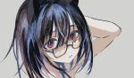 1girl animal_ears arm_up bare_shoulders black_hair blush cat_ears close-up expressionless glasses grey_background highres looking_at_viewer original parted_lips red_eyes short_hair simple_background sochira solo 