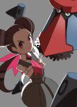  1girl blurry blurry_foreground brown_hair closed_mouth collared_shirt commentary_request crossed_arms dress eyelashes grey_background grey_dress hair_ribbon highres long_hair looking_to_the_side necktie ora_(oraora_oekaki) pink_necktie pink_ribbon pokemon pokemon_(creature) pokemon_oras probopass ribbon roxanne_(pokemon) shirt short_sleeves white_shirt 