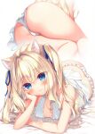  1girl aimyu animal_ear_fluff animal_ears ass bare_arms bare_shoulders bed_sheet blonde_hair blue_eyes blush breasts cat_ears closed_mouth commentary_request daten_keikaku frilled_panties frills hair_between_eyes hair_intakes halo long_hair looking_at_viewer multiple_views panties sazaki_ichiri small_breasts smile two_side_up underwear white_background white_panties 