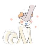 akibun anthro black_nose blush canid canine canis domestic_dog duo floppy_ears fur hand_on_head happy male mammal mostly_offscreen_character multicolored_body multicolored_fur simple_background tail tail_motion tailwag tan_body tan_fur white_background white_body white_fur