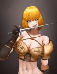  1girl :d armor black_gloves black_scarf blonde_hair breasts cleavage clementine_(overlord) criss-cross_halter dagger dark_background elbow_gloves fangs gauntlets gloves hair_between_eyes halterneck highres knife large_breasts licking licking_blade licking_weapon looking_at_viewer midriff navel noorung off-shoulder_shirt off_shoulder open_mouth overlord_(maruyama) pauldrons red_eyes scarf shirt short_hair shoulder_armor signature smile solo stomach teeth toned upper_body weapon 
