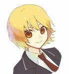  1girl black_coat blonde_hair closed_mouth coat collared_shirt don_quixote_(project_moon) highres limbus_company looking_at_viewer necktie project_moon red_necktie shirt short_hair simple_background sinlu smile solo white_background white_shirt wing_collar yellow_eyes 