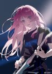  1girl bang_dream! bang_dream!_it&#039;s_mygo!!!!! black_shirt blue_background chihaya_anon chinese_commentary collarbone commentary_request diffraction_spikes earrings floating_hair grey_eyes highres holding holding_plectrum jewelry light_particles long_hair open_mouth pink_hair playing_guitar plectrum qing_yan_xia shirt short_sleeves solo sparkle teeth upper_body upper_teeth_only weibo_watermark 