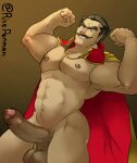  1boy alternate_body_hair bara cape cowboy_shot dio_(final_fantasy) double_biceps_pose erection final_fantasy final_fantasy_vii final_fantasy_vii_rebirth final_fantasy_vii_remake flexing foreskin girthy_penis highres large_pectorals long_mustache looking_at_viewer male_focus mature_male muscular muscular_male naked_cape navel nipples no_shirt pectorals penis red_cape rick_penman seductive_smile short_hair smile solo standing stomach strongman_waist thick_eyebrows thick_thighs thighs tsurime uncensored 