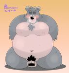 2024 absurd_res anthro balls bear belly big_belly black_nose blush censored cute_fangs genitals grey_body hi_res kemono m2vcjtad5hsdvla male mammal moobs navel nipples overweight overweight_male penis pubes simple_background solo