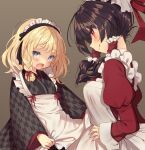  2girls :q alternate_costume apron apron_hold black_bow black_hairband black_kimono black_sleeves blonde_hair blue_eyes bow braid brown_hair closed_mouth cowboy_shot dress enmaided eyelashes fang flower_knot frilled_apron frilled_bow frilled_hair_tubes frilled_hairband frills from_side grey_background hair_bow hair_ribbon hair_tubes hairband hakurei_reimu hand_on_own_hip highres japanese_clothes juliet_sleeves kimono kirisame_marisa light_blush long_hair long_sleeves looking_at_self looking_at_viewer maid medium_hair multiple_girls open_mouth puffy_sleeves red_bow red_dress red_eyes red_ribbon red_sleeves ribbon sidelocks simple_background single_braid skin_fang sleeves_past_wrists smile sweatdrop tongue tongue_out touhou usamata wa_maid white_apron wide_sleeves 