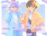  2boys animal_ear_hairband animal_ears black_pants blue_coat blue_eyes blue_hair blue_pants brown_hair cinnamoroll closed_mouth cloud coat commentary_request cowboy_shot cup disposable_cup fake_animal_ears green_eyes hairband hand_in_pocket hands_up highres holding holding_cup hughie_(pretty_series) ibuki_touma jacket long_sleeves looking_at_another male_focus moshao_(sarada1717) multicolored_hair multiple_boys open_mouth pants pink_hair pompompurin pretty_series sanrio short_hair smile standing streaked_hair sweater waccha_primagi! white_sweater yellow_hairband yellow_jacket 
