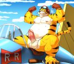 2024 anthro balls biped captain_yellow cloud dragon_ball drunk erection felid genitals hi_res male mammal moobs musclegut muscular nipples outside overweight overweight_male pantherine penis seyrmo sitting smile solo substance_intoxication tiger