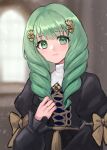  1girl closed_mouth drill_hair fire_emblem fire_emblem:_three_houses flayn_(fire_emblem) garreg_mach_monastery_uniform green_eyes green_hair hazuki_(nyorosuke) highres looking_at_viewer smile twin_drills uniform 