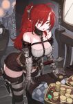  1girl absurdres arm_armor bare_shoulders belt belt_collar breasts brown_shorts choker cleavage collar detached_sleeves hair_between_eyes hair_half_over_shoulder highres horns indoors jun_(navigavi) medium_breasts money open_mouth original pointy_ears ponytail red_eyes red_hair short_shorts shorts strapless sword teeth thighhighs translation_request tube_top upper_teeth_only weapon weibo_logo weibo_watermark 