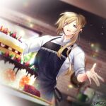  1boy :d apron black_apron blonde_hair blueberry blurry blurry_background braid braided_bangs cake chocolate_syrup collared_shirt dairoku_ryouhei falchet_hubert flower food fruit hair_bun indoors kitchen layer_cake lens_flare looking_at_viewer mint open_hand orange_(fruit) orange_slice pointy_ears purple_eyes ranuki red_flower red_rose rose shirt single_hair_bun single_sidelock sleeves_rolled_up smile solo sparkle standing strawberry tray upper_body white_shirt 