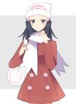  1girl bag beanie black_hair blush buttons closed_mouth coat commentary_request dawn_(pokemon) duffel_bag eyelashes grey_background grey_eyes hair_ornament hairclip hat highres long_hair long_sleeves ohn_pkmn pokemon pokemon_dppt pokemon_platinum red_coat scarf sidelocks solo white_bag white_hat white_scarf 