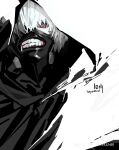  1boy alver black_jacket copyright_name glowing glowing_eye half_mask highres hood hoodie jacket kaneki_ken mask one_eye_covered red_eyes signature teeth tokyo_ghoul white_background white_hair white_hood zipper 