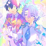  2boys :o blue_hair blue_necktie collared_shirt commentary_request green_eyes hair_between_eyes hughie_(pretty_series) ibuki_touma jacket long_sleeves looking_at_another looking_back male_focus moshao_(sarada1717) multicolored_hair multiple_boys necktie open_mouth pink_hair plaid plaid_jacket pretty_series red_necktie shirt short_hair smile standing streaked_hair sweatdrop upper_body waccha_primagi! white_shirt 