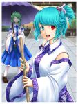  2girls :d bare_shoulders blue_hair blue_sky breasts broom brown_footwear closed_eyes closed_mouth collared_shirt commentary_request cosplay detached_sleeves frog_hair_ornament green_hair hair_ornament heterochromia highres holding holding_broom holding_umbrella kochiya_sanae kochiya_sanae_(cosplay) loafers long_hair long_sleeves medium_breasts moriya_shrine multiple_girls nontraditional_miko open_mouth parasite_oyatsu red_eyes shirt shoes short_hair short_ponytail shrine single_sidelock sky smile snake_hair_ornament socks tatara_kogasa touhou umbrella upper_body white_shirt white_sleeves white_socks wide_sleeves 