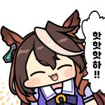  1girl animal_ears blush_stickers bow bowtie brown_hair chibi commentary earrings hair_between_eyes head_tilt horse_ears horse_girl jazz_jack jewelry korean_text laughing light_brown_hair long_hair lowres meme multicolored_hair puffy_short_sleeves puffy_sleeves purple_bow purple_bowtie purple_shirt sailor_collar sailor_shirt scene_reference school_uniform shirt short_sleeves single_earring solo speech_bubble streaked_hair summer_uniform swept_bangs symboli_rudolf_(umamusume) tracen_school_uniform translated umamusume umamusume:_cinderella_gray upper_body white_sailor_collar wide_face 