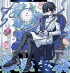  1boy bad_id bad_twitter_id black_eyes black_footwear black_hair black_pants blue_flower blue_ribbon blue_rose clock closed_mouth compass couch crossed_legs cupcake curtains flower food full_body gloves hair_between_eyes highres interlocked_fingers jacket long_sleeves looking_at_viewer male_focus meremero on_couch original own_hands_together pants ribbon rose shoes short_hair sitting solo white_gloves white_jacket 