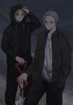  2boys black_hoodie black_jacket blonde_hair collared_jacket glasses grey_hair hair_bun hand_in_pocket holding holding_shovel hood hood_up hoodie implied_murder jacket looking_at_viewer multiple_boys open_clothes open_jacket rokuen_skd sakamoto_days sakamoto_taro scar shin_(sakamoto_days) shirt shovel undershirt white_shirt white_undershirt 