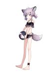  1girl absurdres ahoge animal_ear_fluff animal_ears arknights ball barefoot beachball bikini black_bikini blue_eyes extra_ears fox_ears fox_girl fox_tail full_body grey_hair hair_ornament hairclip highres holding holding_ball holding_beachball looking_at_viewer material_growth off-shoulder_bikini off_shoulder official_alternate_costume originium_(arknights) oripathy_lesion_(arknights) short_hair short_twintails solo standing sussurro_(arknights) sussurro_(summer_flower)_(arknights) swimsuit tail twintails white_background yoon_cook 