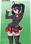  arm_up black_hair blue_eyes blush bow breasts checkered_clothes checkered_skirt cross eyepatch hair_bow highres kurodahlia18 medical_eyepatch necktie open_mouth red_necktie salute school_uniform side_ponytail skirt small_breasts takanashi_rikka thighhighs two-finger_salute 