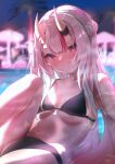  1girl absurdres armpit_crease bikini black_bikini blush clenched_teeth double_bun glaring grey_hair hair_bun highres hololive horns long_hair multicolored_hair nakiri_ayame navel oni pool red_eyes scowl solo streaked_hair swimsuit teeth terra_bose virtual_youtuber water wet 