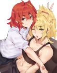  2girls absurdres artist_name blonde_hair command_spell commentary deccatezu english_commentary fate/grand_order fate_(series) fujimaru_ritsuka_(female) green_eyes highres mole mole_under_eye mordred_(fate) multiple_girls one_eye_closed orange_eyes orange_hair sitting smile sweater tank_top tongue tongue_out v v_over_head yuri 