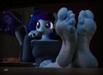 2024 3d_(artwork) 5_toes absurd_res anthro barefoot biped blue_body clothing cookie digital_media_(artwork) eating equid equine feet feet_up female food foot_focus hair hasbro hi_res horse inside kenaga mammal maple_cake_(oc) multicolored_hair my_little_pony pony purple_eyes signature sitting soles solo sweater toes topwear