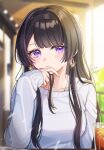  1girl artist_name black_hair black_hairband cup drinking_glass earrings hairband highres jewelry kushibiki_kushina long_hair long_sleeves looking_at_viewer nail_polish oshi_no_teki_ni_natta_node purple_eyes shinishi_chiho solo sweater white_sweater 