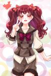  1girl artist_name blouse bow bowtie brown_sailor_collar brown_shorts brown_vest cowboy_shot crab hair_bow half-closed_eyes highres kanie_(precure) looking_at_viewer open_mouth precure purple_bow purple_bowtie red_bow red_eyes red_hair sailor_collar school_uniform second_wangan_school_uniform shirt short_shorts shorts signature smile solo standing twintails v vest waka_(negronoir) white_shirt wonderful_precure! 