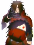  1boy armor backlighting black_gloves black_hair black_shirt closed_mouth cracked_skin edo_tensei eminem_throwing_a_fat_rat_(meme) faulds gloves gurekoguriko hair_over_one_eye highres long_hair male_focus meme naruto_(series) naruto_shippuuden red_armor red_eyes rinnegan shirt shoulder_armor simple_background solo spiked_hair stuffed_toy throwing uchiha_madara very_long_hair white_background 