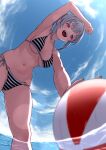  1girl absurdres armpits ball beachball bikini blue_sky breasts cloud day from_below grey_hair hair_bun highres medium_breasts open_mouth original outdoors partially_underwater_shot purple_eyes shimizu_keitaro side-tie_bikini_bottom sidelocks sky smile solo striped_bikini striped_clothes swimsuit teeth upper_teeth_only 