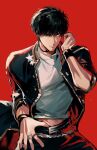  1boy black_eyes black_hair cowboy_shot finger_under_clothes highres looking_at_viewer male_focus nbss_sd red_background rukawa_kaede short_hair simple_background slam_dunk_(series) solo 