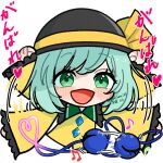  1girl :d afterimage arms_up asaka_haru123 beamed_eighth_notes black_hat blush_stickers buttons cheering chibi commentary_request cropped_torso diamond_button eighth_note frilled_shirt_collar frilled_sleeves frills glint green_eyes green_hair hat hat_ribbon heart highres komeiji_koishi long_sleeves looking_at_viewer musical_note no_nose open_mouth ribbon sample_watermark shirt short_hair simple_background smile solo speed_lines third_eye touhou translated twitter_username watermark white_background yellow_ribbon yellow_shirt 