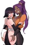  2girls ass ass_grab asymmetrical_breasts black_hakama bleach blush breasts dark-skinned_female dark_skin embarrassed hakama highres hip_vent huge_ass japanese_clothes lightsource multiple_girls purple_hair shihouin_yoruichi short_hair_with_long_locks sideboob simple_background smile sui-feng thighs undressing_another yellow_eyes yuri 