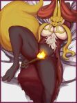  2024 3_fingers 3_toes abstract_background absurd_res anthro barely_visible_genitalia bed_sheet bedding big_breasts big_tail border bottomwear breasts chest_tuft clothing covering covering_crotch delphox fan_character feet female fingers fire flare_witch_(wagooga) fur generation_6_pokemon genitals hi_res high-angle_view huge_breasts inner_ear_fluff looking_at_genitalia looking_at_self looking_down lying mouth_closed multicolored_body navel neutral_expression nintendo nude on_back one_leg_up orange_body orange_eyes orange_fur orange_nose pokemon pokemon_(species) portrait pseudo_clothing pupils pussy raised_arm raised_leg red_body red_border red_fur shaded simple_background skirt solo stick tail thick_thighs three-quarter_portrait toes tuft wagooga white_background white_body white_fur white_pupils wide_hips yellow_body yellow_fur 