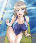  1girl absurdres ass bare_shoulders blush breasts brown_hair highres la2vai large_breasts looking_at_viewer love_live! love_live!_sunshine!! one-piece_swimsuit pool short_hair solo swimsuit thighs watanabe_you water 