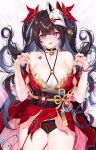  1girl bell black_choker blush breasts brown_hair choker dress fox_mask highres honkai:_star_rail honkai_(series) large_breasts long_hair mask mask_on_head neck_bell obiwan purple_eyes red_dress red_nails solo sparkle_(honkai:_star_rail) tongue tongue_out weisuoxin 